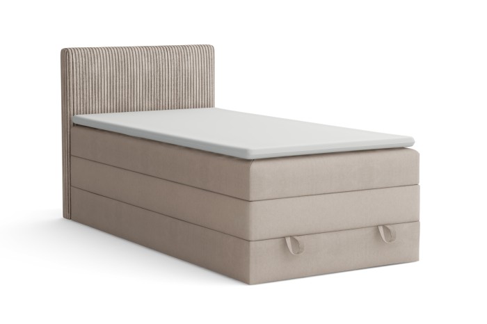Modernes Einzel-Boxspringbett in Beige mit elegantem Cord-Kopfteil und Topper.