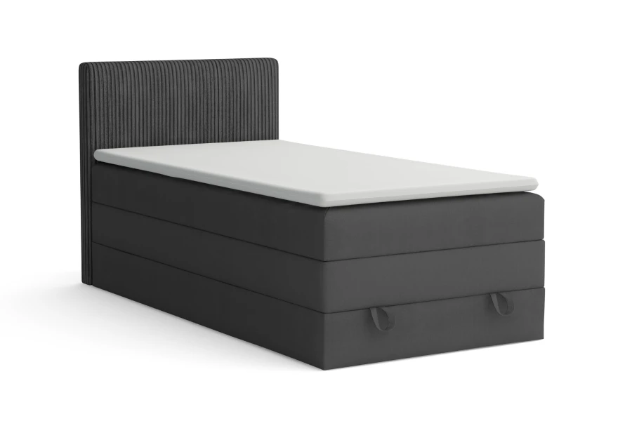 Dunkelgraues Boxspringbett ORO mit Stauraum auf weißem Hintergrund
