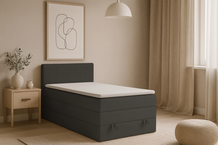 Modern donkergrijs boxspringbed ORO in een sfeervolle slaapkamer