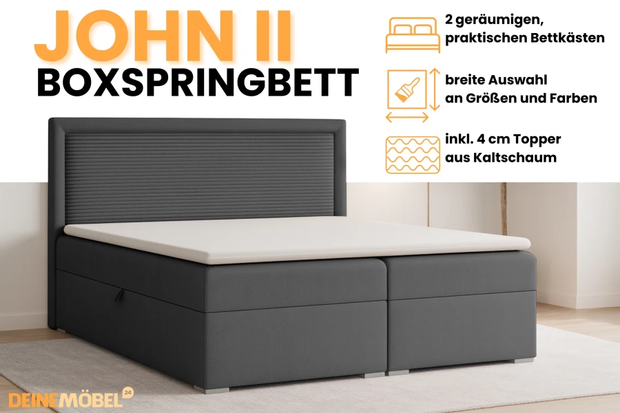 John II Boxspringbett Produktinfo: 2 Bettkästen, Farbauswahl und inkl. 4 cm Kaltschaum-Topper.