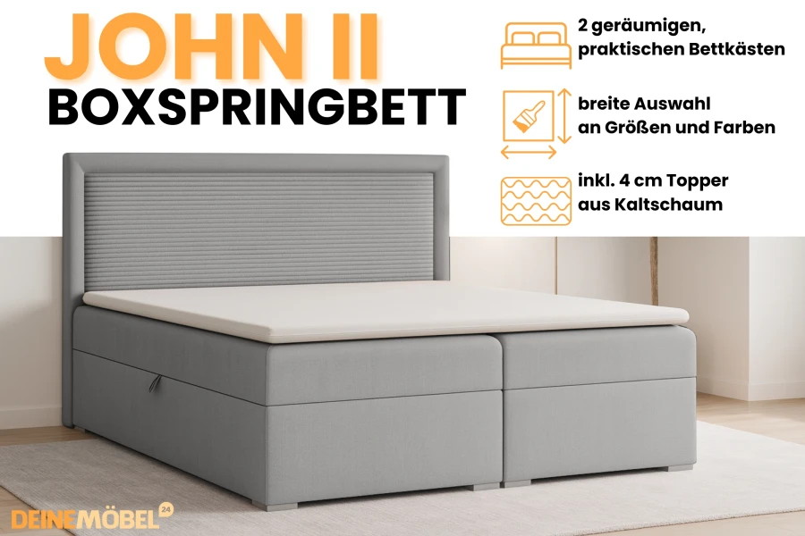 Vorteile des John II Boxspringbetts: 2 Bettkästen und inkl. 4 cm Kaltschaum-Topper.