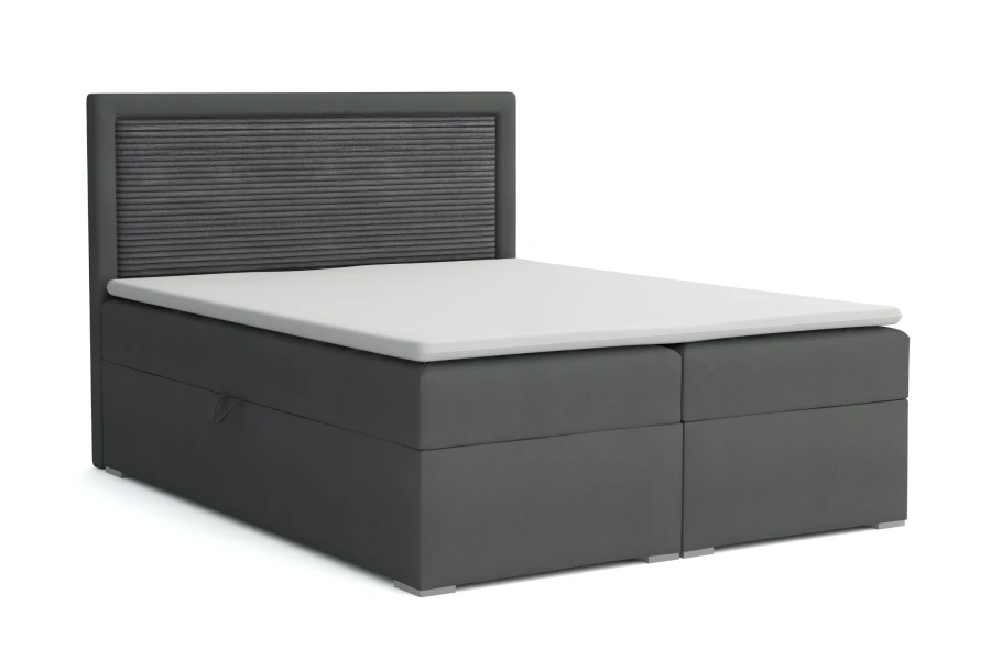 Modernes Boxspringbett John II in Anthrazit mit strukturiertem Kopfteil und weißem Topper, isoliert.
