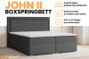 Produktübersicht Boxspringbett John II: Details zu Bettkasten, Farbauswahl und 4 cm Kaltschaum-Topper.