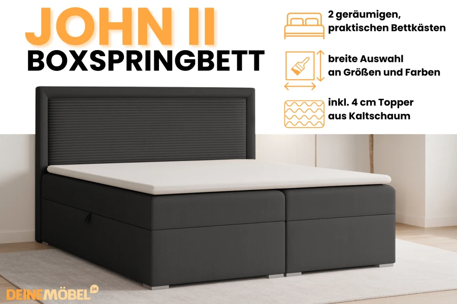 Infografik zum Boxspringbett John II mit Details zu Bettkästen, Farbauswahl und Kaltschaum-Topper.