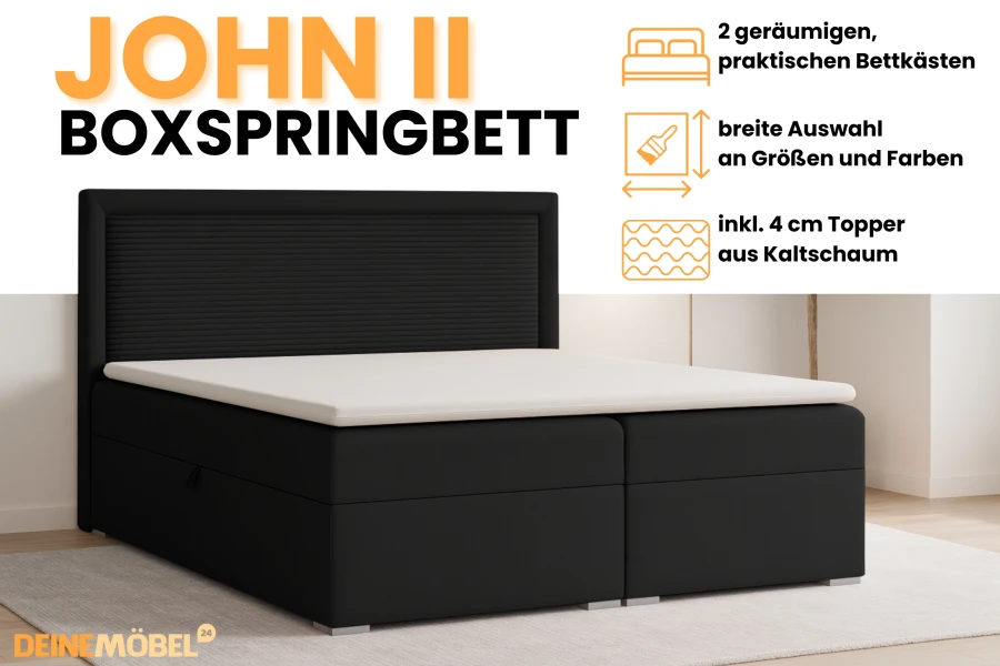 Infografik zum Boxspringbett John II in Schwarz mit Details zu Bettkasten und Kaltschaum-Topper.