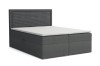 Dunkelgraues Boxspringbett mit horizontal gestepptem Kopfteil und weißem Topper vor weißem Hintergrund.