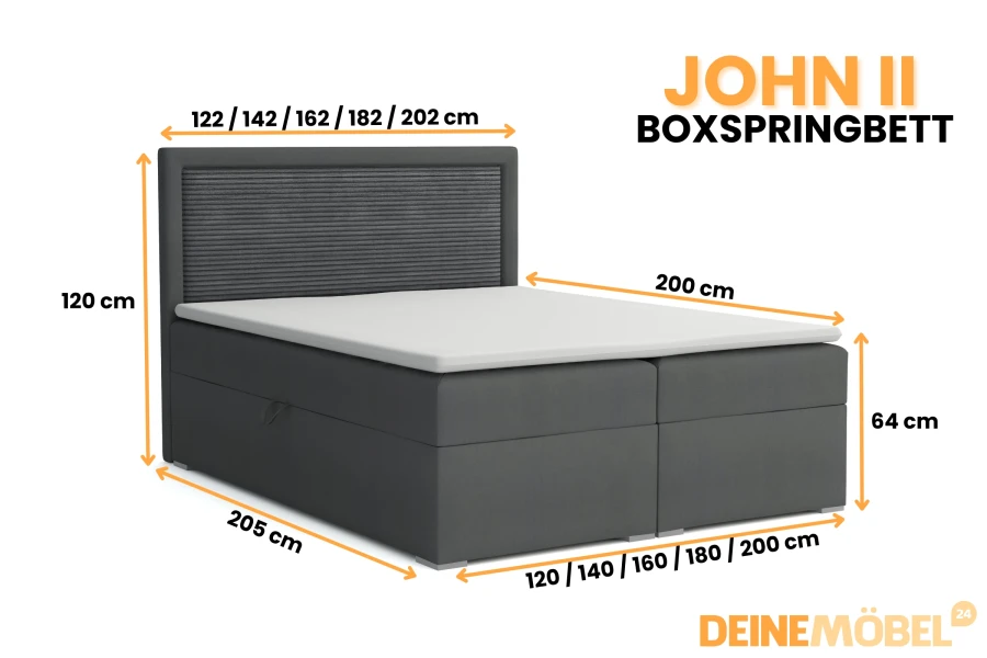 Maßangaben für Boxspringbett JOHN II: Verschiedene Breiten, 120 cm Kopfteilhöhe und 64 cm Liegehöhe.