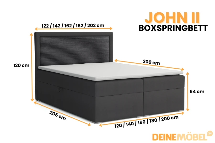 Boxspringbett JOHN II in Anthrazit mit Maßangaben und integriertem Bettkasten für Stauraum.