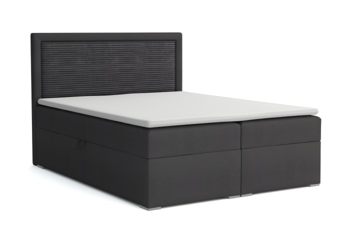 Anthrazitfarbenes Boxspringbett JOHN II mit gestepptem Kopfteil vor weißem Hintergrund.