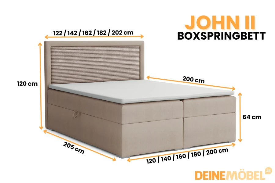 Abmessungen des John II Boxspringbetts: Verschiedene Breiten, 205 cm Tiefe und 120 cm Höhe.