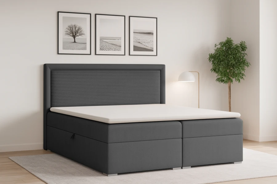 Modernes Boxspringbett John II in Grau im Schlafzimmer-Ambiente