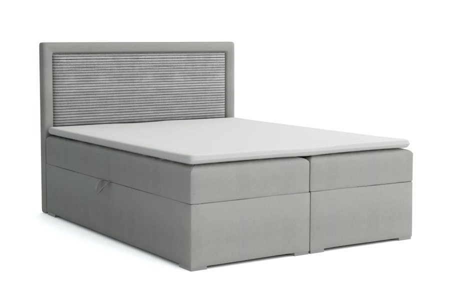 Modernes hellgraues Boxspringbett John II mit strukturiertem Kopfteil auf weißem Hintergrund.