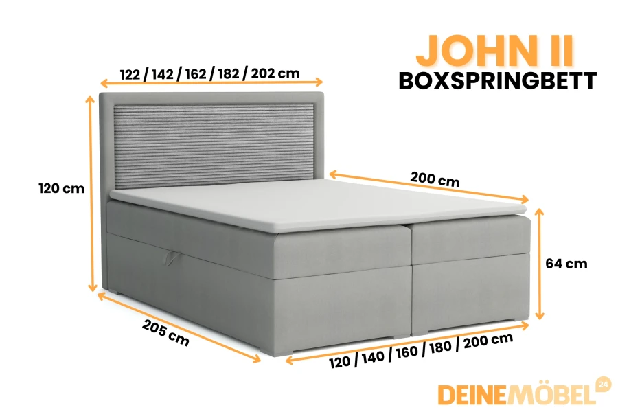 Maße und Größenübersicht für das Boxspringbett John II mit Bettkasten und Kopfteil.