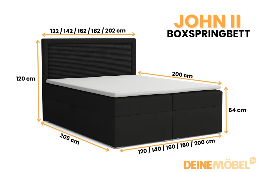 Abmessungen und Größenübersicht für Boxspringbett John II Schwarz.