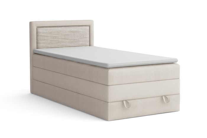 Beiges Boxspringbett Nora mit geripptem Kopfteil und praktischem Bettkasten, moderne Optik.