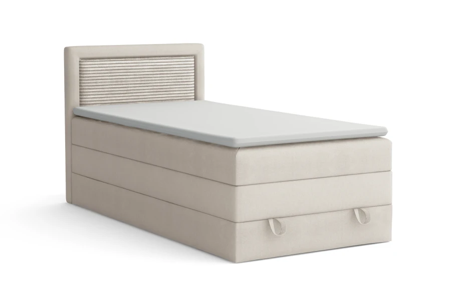 Beiges Boxspringbett Nora mit geripptem Kopfteil und praktischem Bettkasten, moderne Optik.