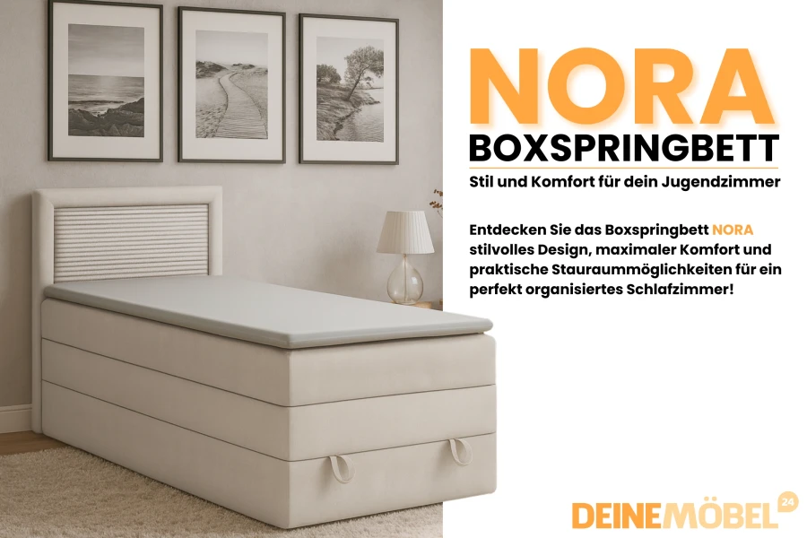 Nora Boxspringbett für Jugendzimmer: Kombination aus Stil, Komfort und extra Stauraum.