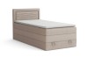 Eenpersoons boxspringbed Nora in beige met opbergruimte en gestoffeerd hoofdbord op een witte achtergrond.