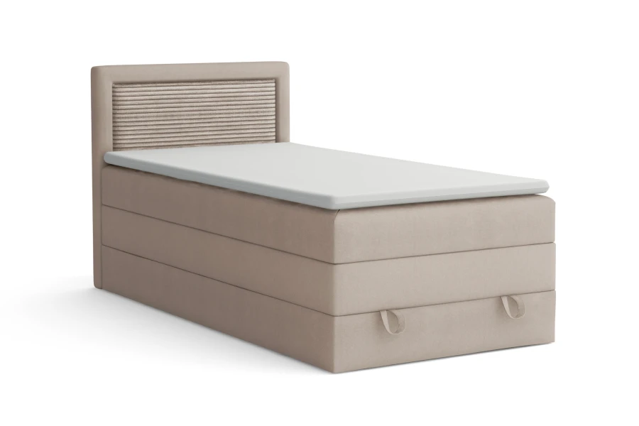 Eenpersoons boxspringbed Nora in beige met opbergruimte en gestoffeerd hoofdbord op een witte achtergrond.