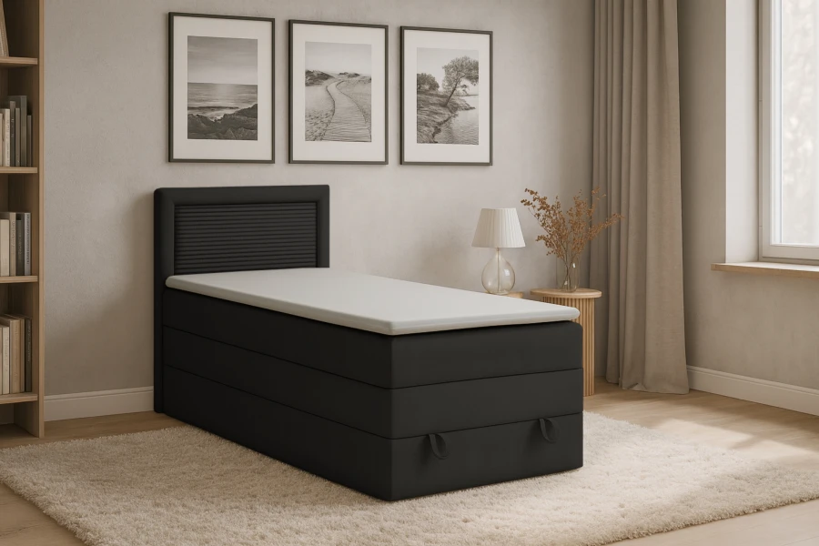 Schwarzes Einzel-Boxspringbett in hellem, modernem Schlafzimmer.