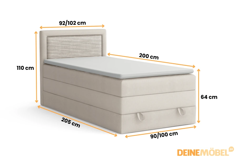 Beiges Boxspringbett 90x200 oder 100x200 cm mit Maßen und 110 cm hohem Kopfteil.
