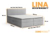 Maßgrafik für das Lina Boxspringbett mit Angaben zu Breite, Höhe und Tiefe.