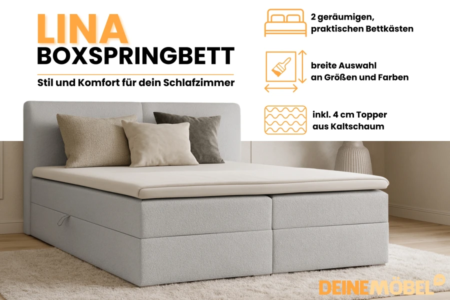 Infografik zum Lina Boxspringbett mit Fokus auf Bettkästen und Kaltschaum-Topper.