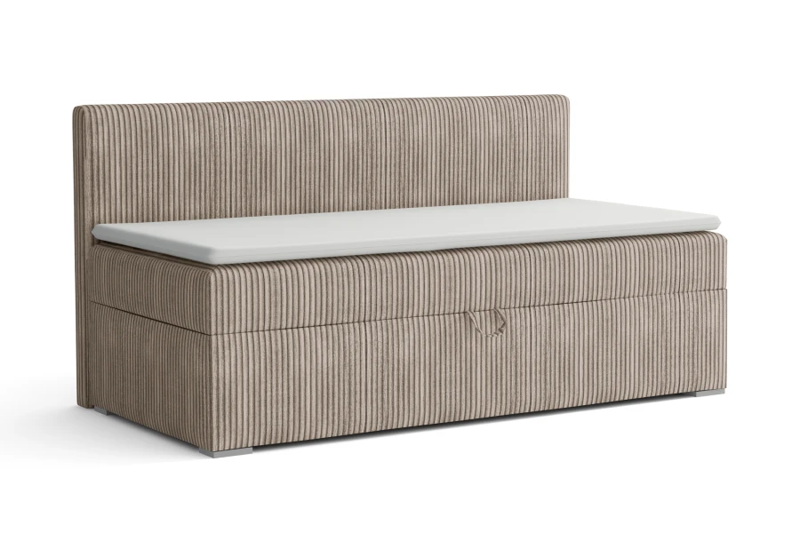 Gestoffeerde zitbank in beige met cord-structuur en witte topper.