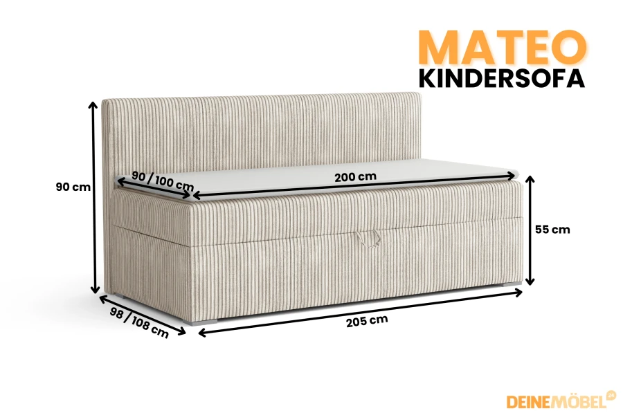 Infographic met afmetingen van de Mateo kinderbank: 205cm x 90cm x 98/108cm