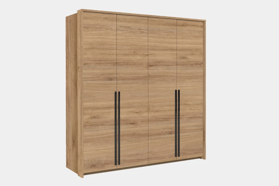 4-türiger Kleiderschrank in Eiche-Optik mit schwarzen Metallgriffen