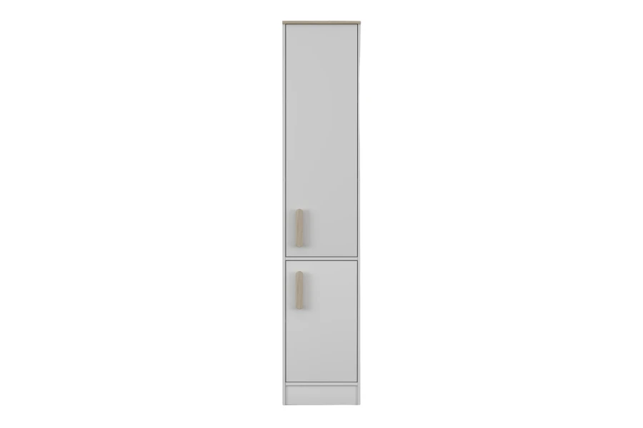 Schmaler weißer Hochschrank mit zwei Türen und hellen Holzgriffen, Frontansicht.