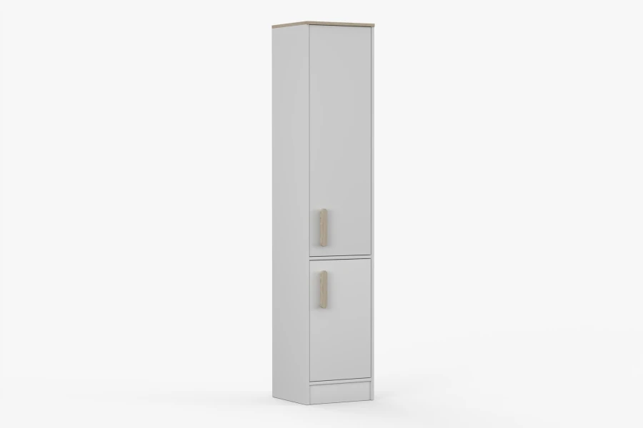 Moderner weißer Badschrank oder Hochschrank mit Holzgriffen, Seitenansicht.