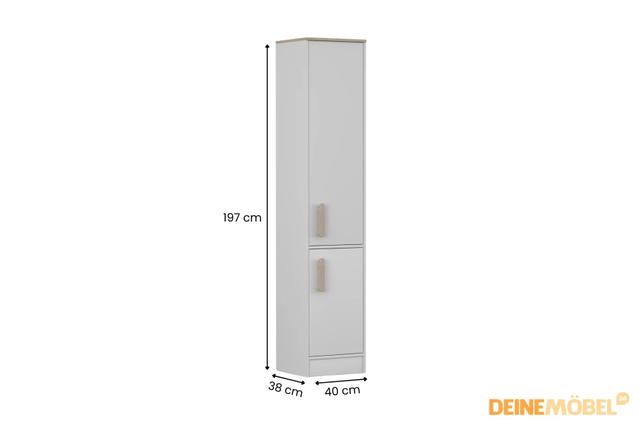 Abmessungen des hellgrauen Schranks: Höhe 197 cm, Breite 40 cm, Tiefe 38 cm – ideal für kleine Räume.