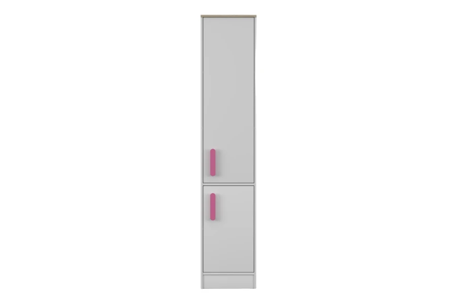 Schmaler Hochschrank in Weiß mit zwei Türen und rosa Griffen für Kinderzimmer oder Badezimmer.