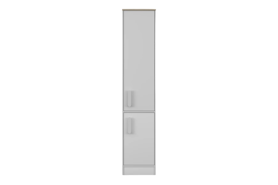 Schmaler Badezimmerschrank in Weiß mit grauen Griffen, zeitloses Design für mehr Stauraum.