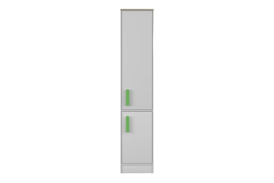 Hoher weißer Mehrzweckschrank mit grünen Griffen, zweitürig, platzsparendes Design.