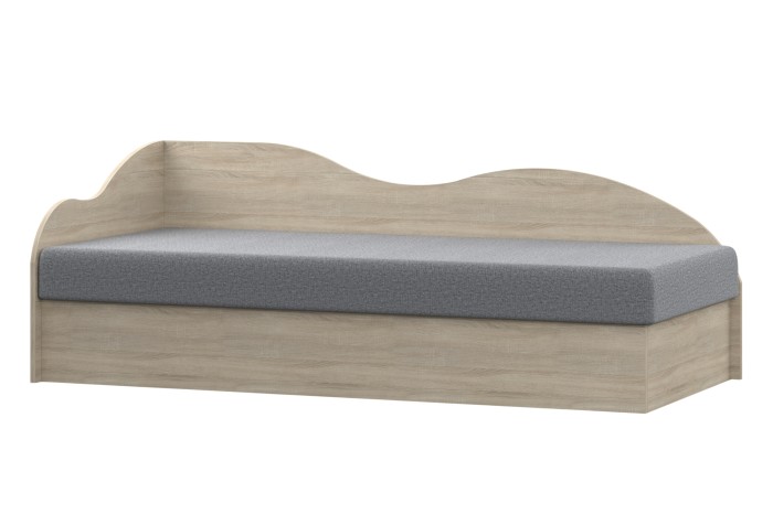 Modernes Jugendbett in Eiche Sonoma Optik mit grauer Polstermatratze.