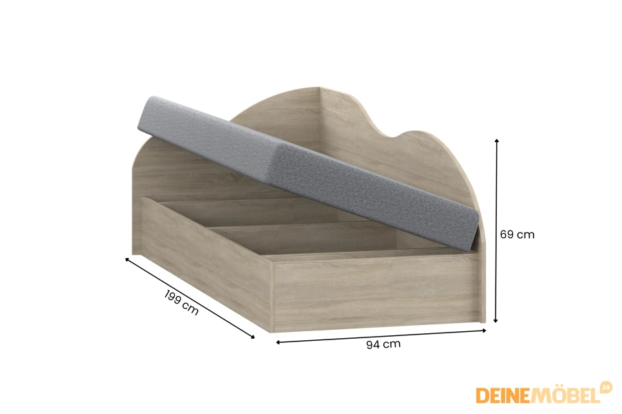 Abmessungen des Bettes: 199 cm Länge, 94 cm Breite und 69 cm Gesamthöhe.