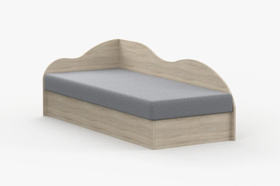 Bequemes Einzelbett aus hellem Holz mit grauer Polsterung, schräge Draufsicht.