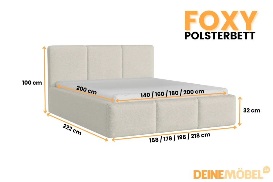 Maße des Foxy Polsterbetts: Höhe 100 cm, Tiefe 222 cm, verschiedene Breiten verfügbar.