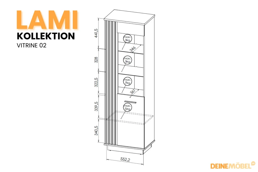 Dimensional sketch of the LAMI display cabinet 02 with load capacity of the glass and wooden shelves in kg.
