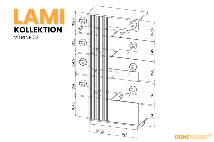 Technical sketch of the Lami display cabinet 03 with detailed dimensions and shelf load limits.