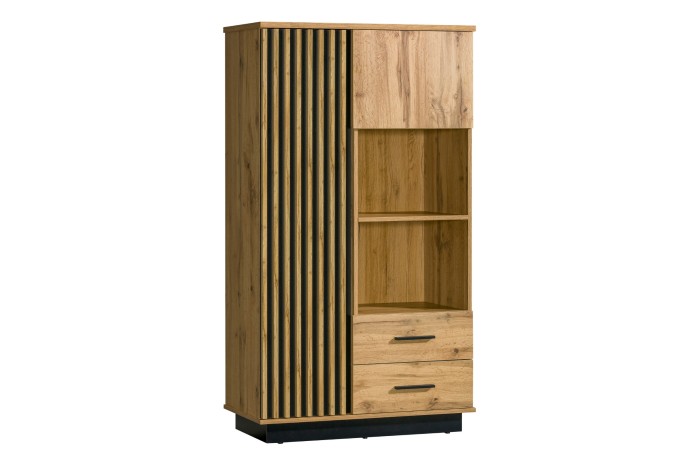 Moderne Vitrine 04 der Lami Kollektion in Eiche-Optik mit zwei Schubladen und stylischen schwarzen Lamellen.