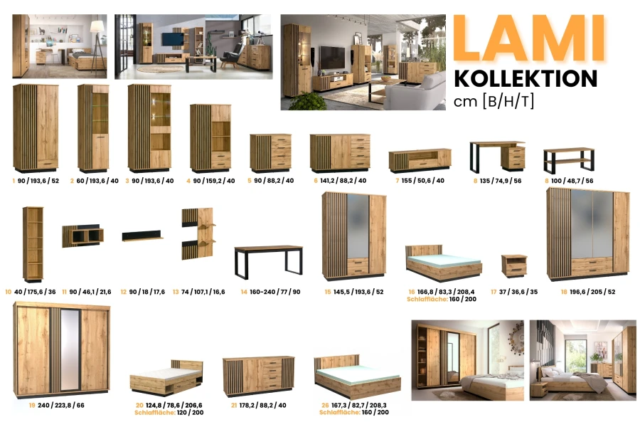 Vielfältige Möbelstücke der Lami Serie inklusive Kleiderschrank, Bett und Kommode.