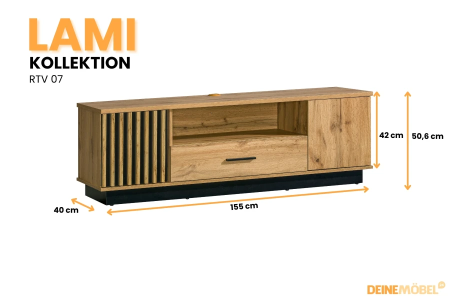 LAMI TV-lowboard RTV 07 in eiken-optiek met afmetingen: 155 cm breedte, 40 cm diepte en ca. 51 cm hoogte.