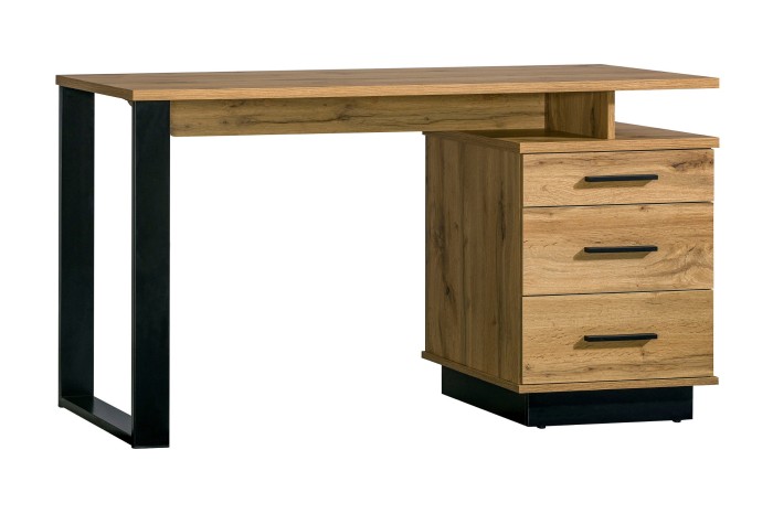 Moderner Schreibtisch LAMI in Holzoptik mit drei Schubladen und eleganten schwarzen Metallbeinen.