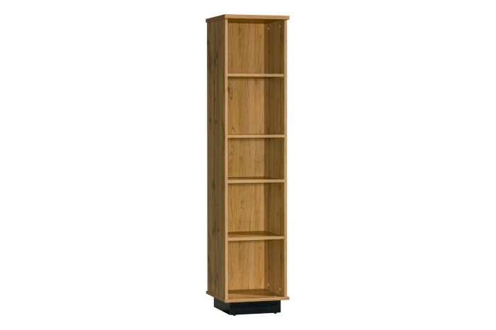 Schmales Bücherregal in Eichenoptik mit 5 offenen Fächern und schwarzem Sockel für Wohn- oder Arbeitszimmer.