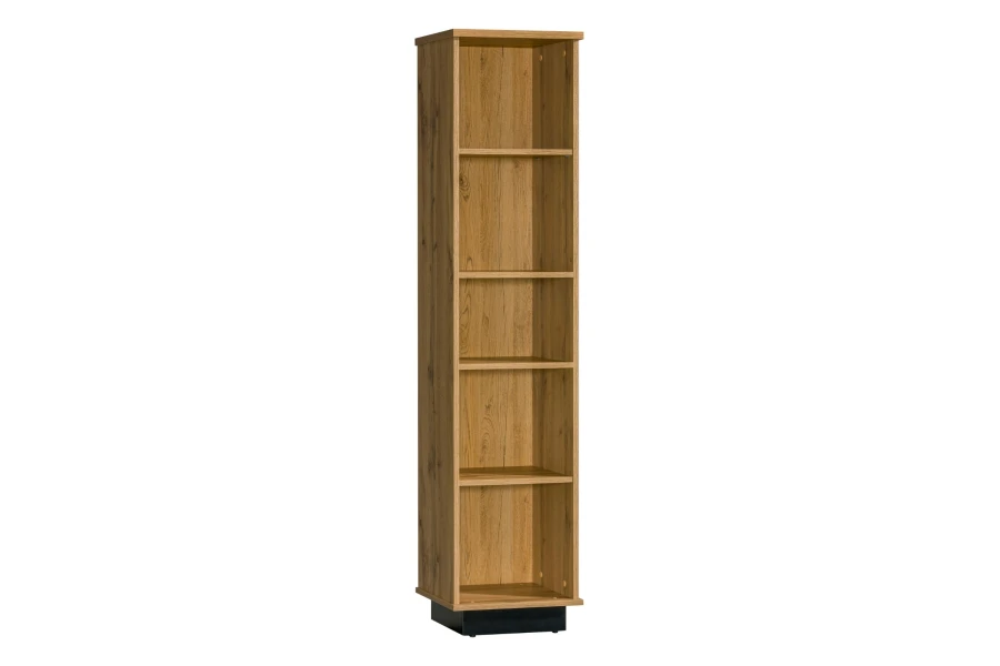 Schmales Bücherregal in Eichenoptik mit 5 offenen Fächern und schwarzem Sockel für Wohn- oder Arbeitszimmer.