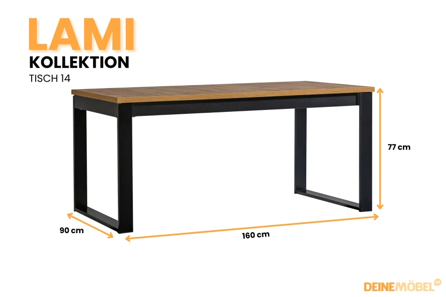 Esstisch Lami Tisch 14 in Holzoptik mit schwarzen Metallkufen – Maße 160x90x77 cm