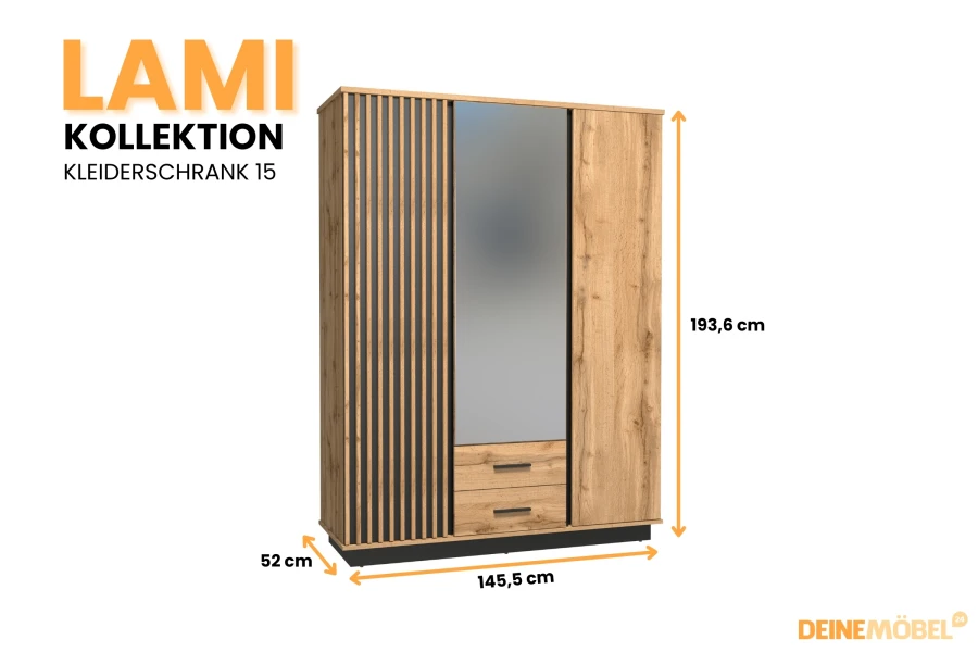 Maße des Lami Kleiderschranks 15: Breite 145,5 cm, Höhe 193,6 cm und Tiefe 52 cm.